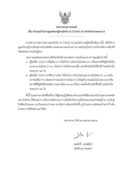 ประกาศกรมการแพทย์ เรื่อง คําแนะนําในการดูแลรักษาผู้ป่วยโควิด-19 (COVID-19) สําหรับสถานพยาบาล