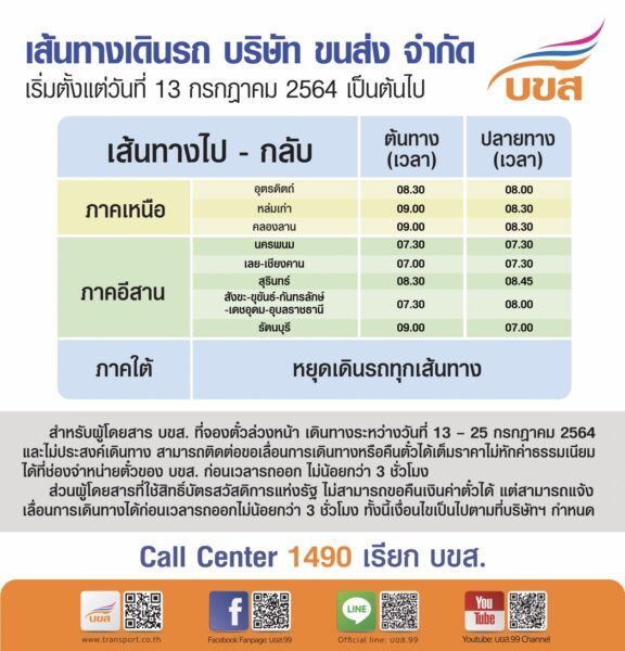 บขส. แจ้งปรับตารางการเดินรถเส้นทางภาคอีสานเพิ่มเติม เหลือ 5 เส้นทาง