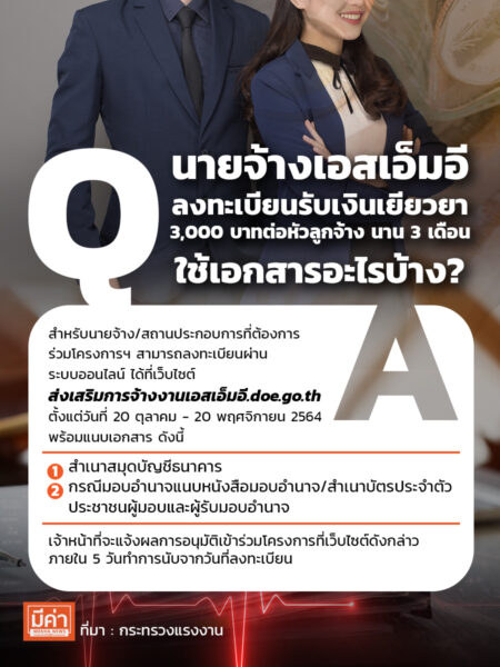 นายจ้างเอสเอ็มอี ลงทะเบียนรับเงินเยียวยา 3,000 บาทต่อหัวลูกจ้าง นาน 3 เดือน ใช้เอกสารอะไรบ้าง ?