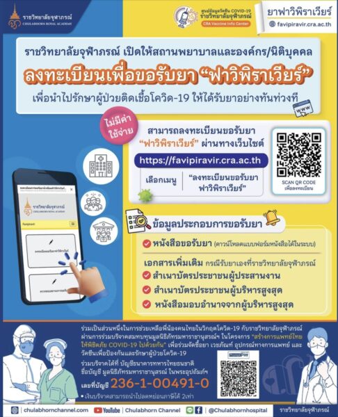 ราชวิทยาลัยจุฬาภรณ์ เปิดให้สถานพยาบาล และองค์กรนิติบุคคล/มูลนิธิ ขอรับยา “ฟาวิพิราเวียร์” เพื่อนำไปรักษาผู้ป่วยติดเชื้อโควิด-19 โดยไม่มีค่าใช้จ่าย