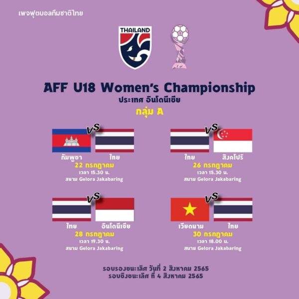 ตารางแข่ง AFF U18 women’s championship 2022