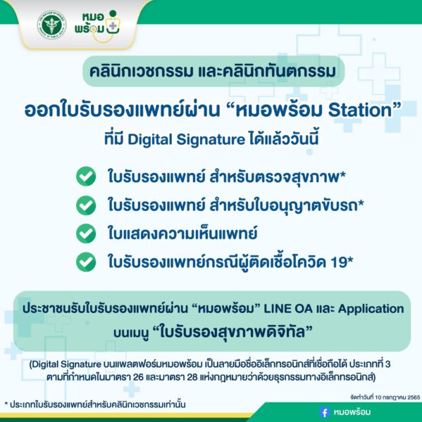 คลินิก ร้านยา โรงพยาบาลเอกชน ออกใบรับรองแพทย์ผ่าน "หมอพร้อม" 