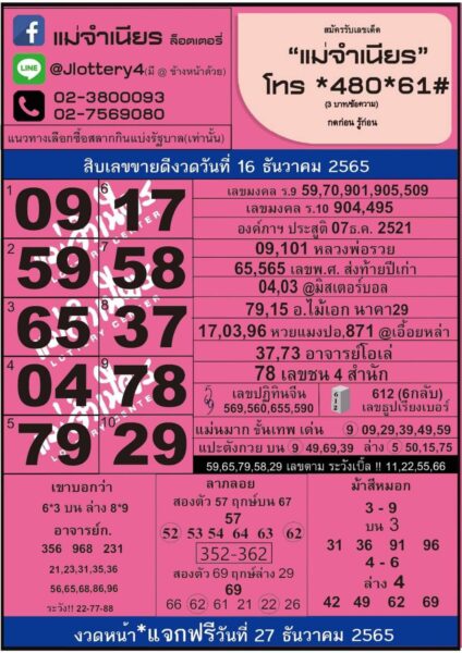 หวยแม่จำเนียร 16 12 65 งวดนี้ มีเลขอะไรบ้าง