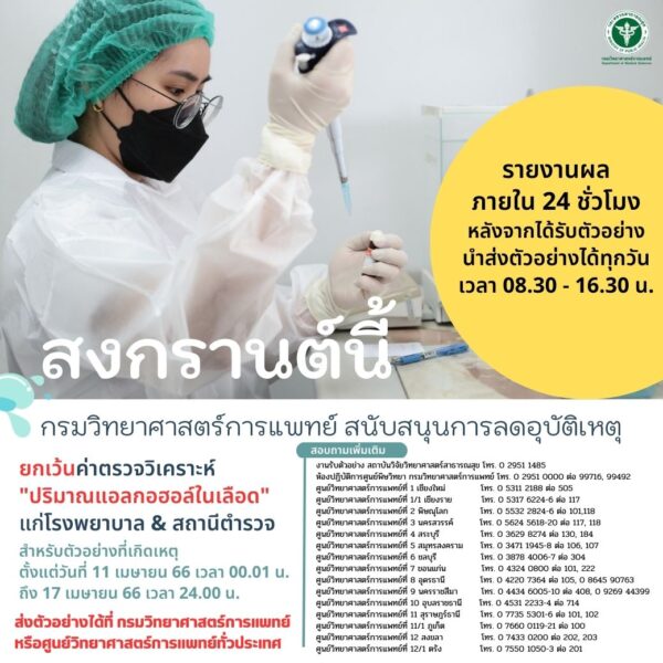 กรมวิทย์ฯ ยกเว้นค่าตรวจวิเคราะห์ปริมาณแอลกอฮอล์ในเลือดช่วงสงกรานต์ 11-17 เม.ย.66 สนับสนุนการป้องกันและลดการเกิดอุบัติเหตุทางถนน