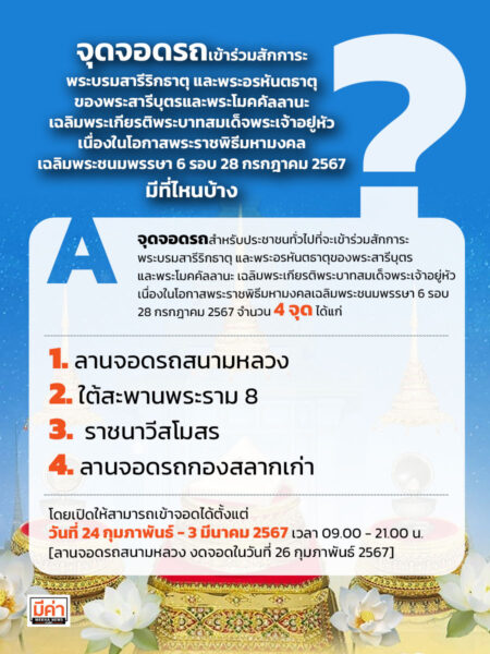 จุดจอดรถเข้าร่วมสักการะพระบรมสารีริกธาตุ และพระอรหันตธาตุของพระสารีบุตรและพระโมคคัลลานะ เฉลิมพระเกียรติพระบาทสมเด็จพระเจ้าอยู่หัว เนื่องในโอกาสพระราชพิธีมหามงคลเฉลิมพระชนมพรรษา ๖ รอบ ๒๘ กรกฎาคม ๒๕๖๗ มีที่ไหนบ้าง