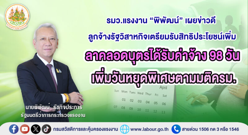 เพิ่มสิทธิ ลาคลอดบุตรได้รับค่าจ้าง 98 วัน จากเดิม 90 วัน คาดเริ่มบังคับใชั ภายใน พ.ค. 67
