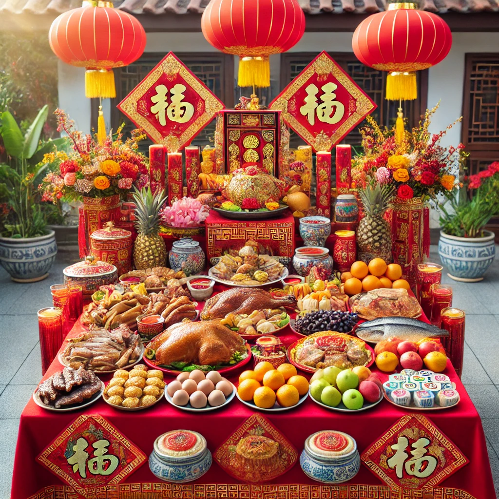 Chinese Offering Table DALL·E 2025-01-26 13.23.53 – A well-organized traditional Chinese New ...