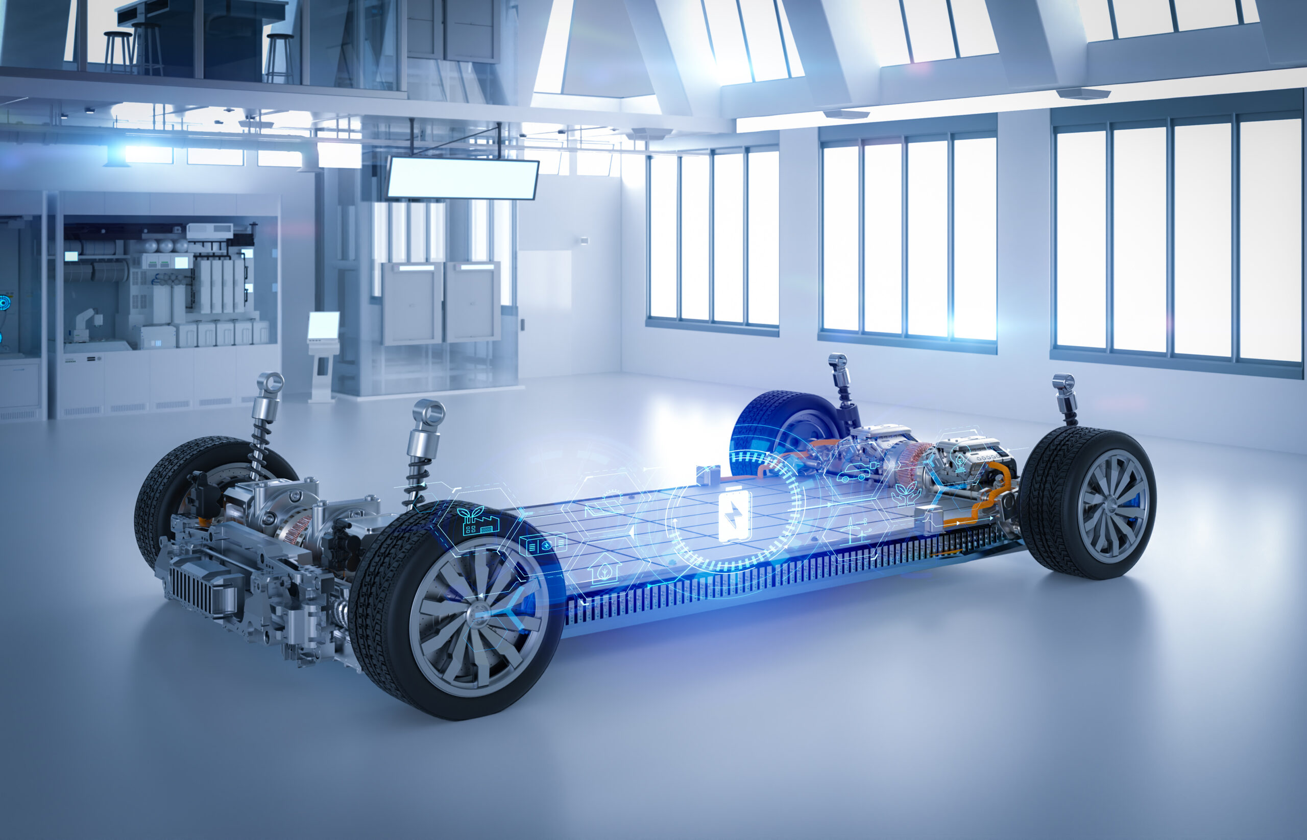 Electric car research and development with ev car with pack of battery ...