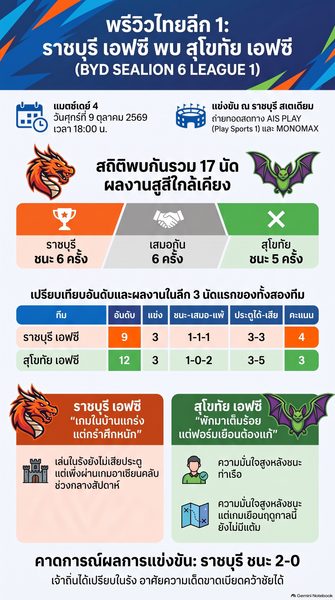 ดูบอลสด ราชบุรี เอฟซี ดวล สุโขทัย เอฟซี ไทยลีก 1 วันศุกร์ที่ 9 ต.ค. 69