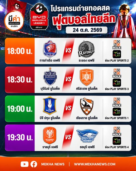 ตารางถ่ายทอดสดไทยลีก วันนี้ 24 ตุลาคม 2569 (BYD SEALION 6 ลีกหนึ่ง)