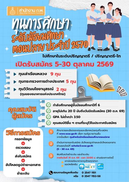 สำนักงาน ก.พ. แจกทุนเรียนต่อ ป.ตรี ต่างประเทศ ปี 2570 